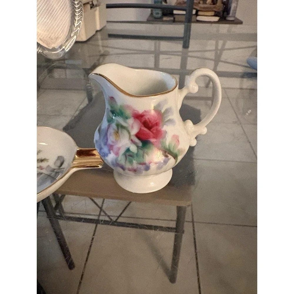 Vtg Lefton China Hand Painted Rose Mini Smoking Set Ashtray Creamer Japan